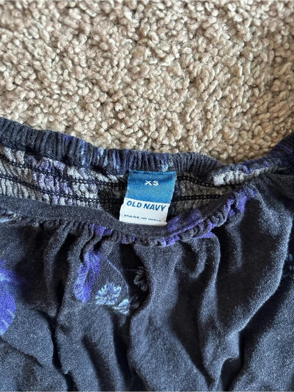Old Navy Black Floral Peasant Top with Purple Accents